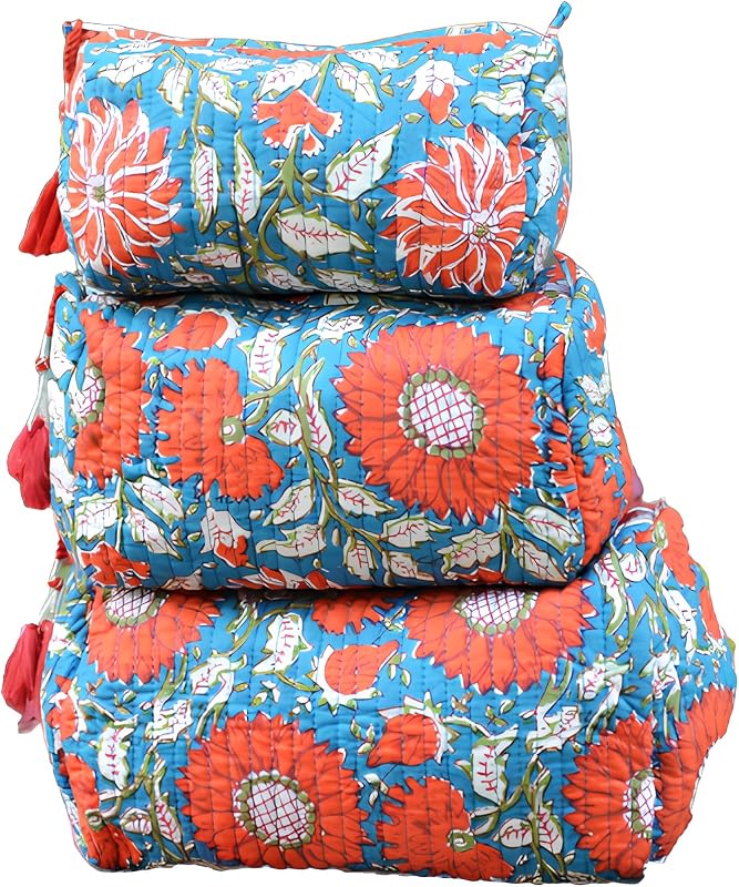 Necessaires de algodão com estampa floral INDACORIFY Pattern- 3, com zíper, conjunto com 3