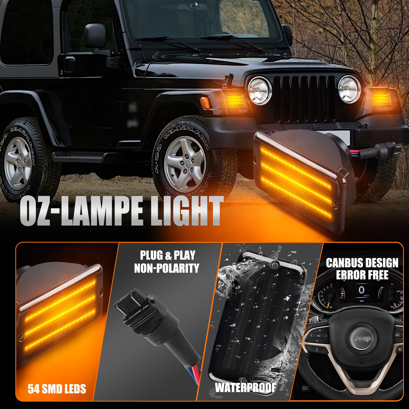Intermitente Lateral LED, luces de lateral para Jeep Wrangler TJ 1997-2006, Luce Intermitente Lateral, Indicador Laterales con Canbus, 2 Piezas