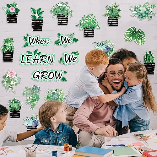 Miniatura 7 de Pajean 58 piezas de decoración de tablero de anuncios de plantas suculentas en maceta, decoración de eucalipto para el aula, When We Learn We Grow