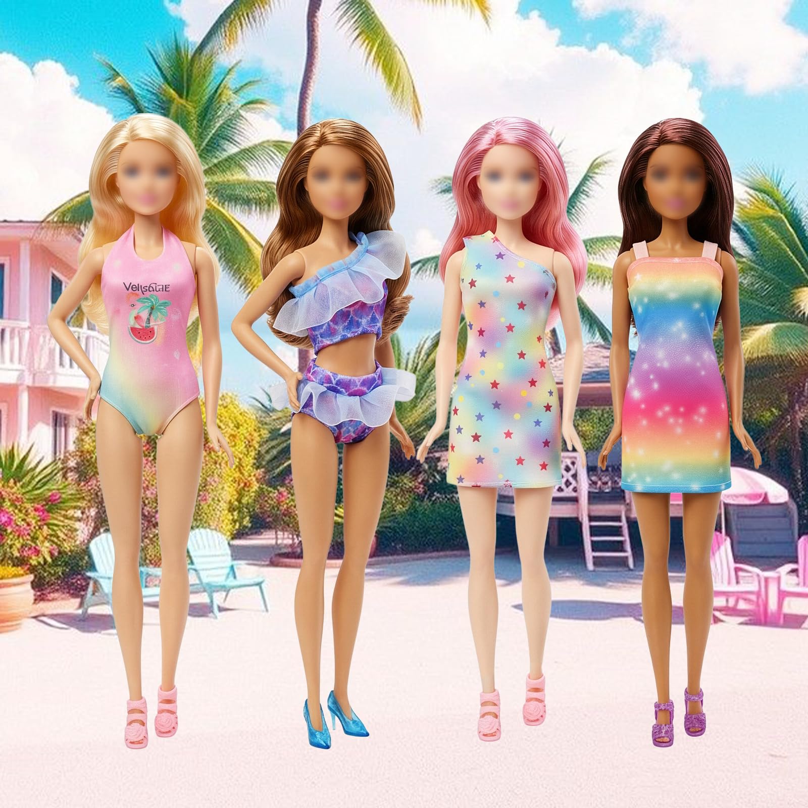 16 piezas de ropa y zapatos de muñeca compatibles con muñeca Barbie de 11.5 pulgadas, incluye 1 vestido de sirena, 2 tops de tiras, 2 vestidos, 1 pantalón, 4 juegos de trajes de baño, 5 zapatos