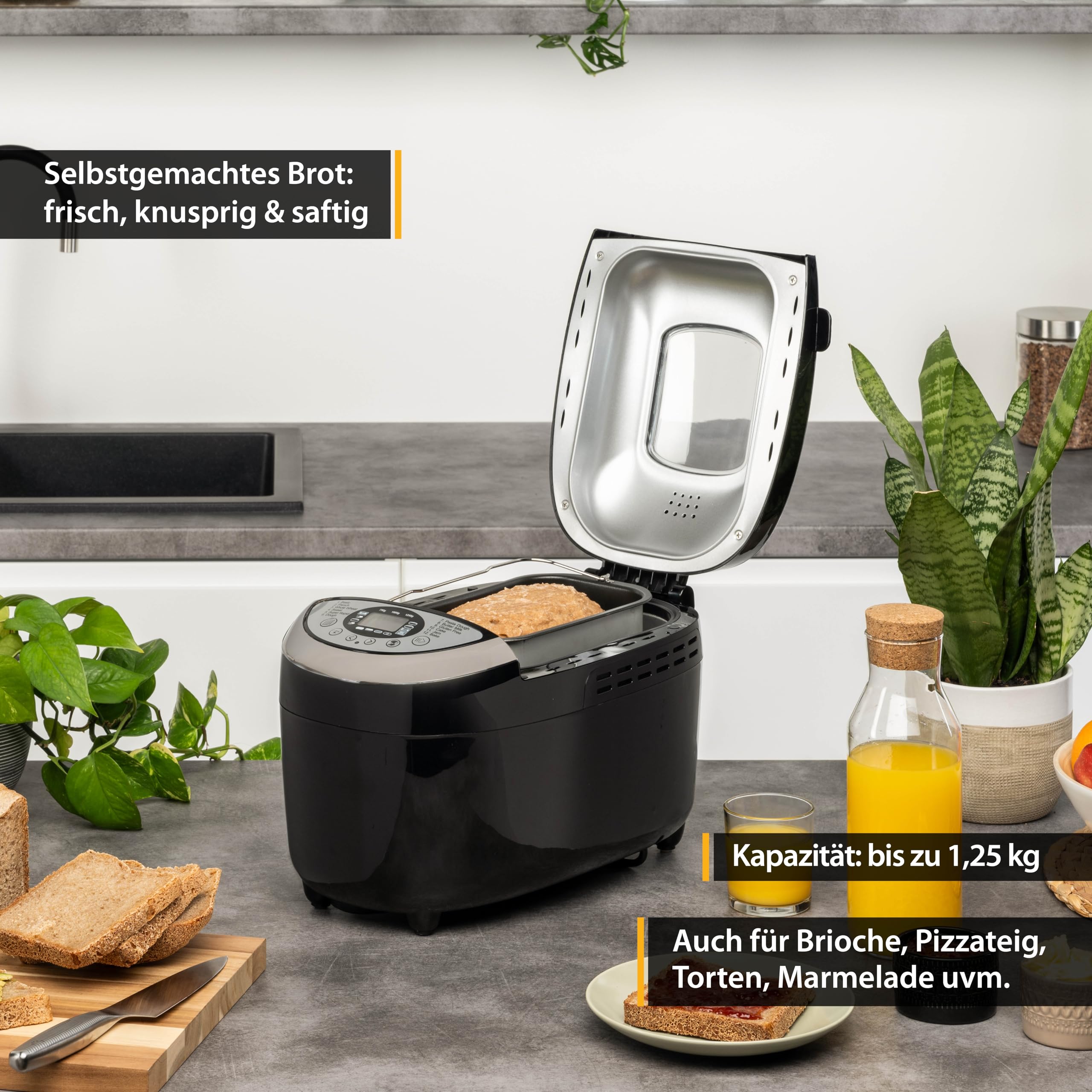 TZS First Austria - Brotbackautomat mit 12 Automatikprogrammen 850W - Vollautomatische Brotbackmaschine 700-1250g Füllmenge - Bread Maker mit Sichtfenster, Timer, Zubehör & Warmhaltefunktion - Schwarz