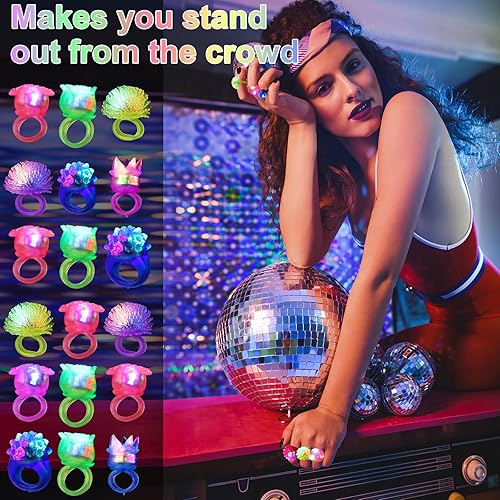 Miniatura 4 de Vinsot 108 anillos iluminados para fiestas, con luces LED intermitentes, brillantes en la oscuridad, luz de goma parpadeante de neón, regalo para