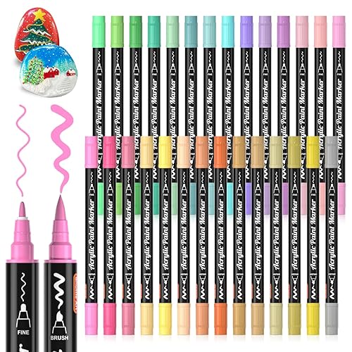 28 Pastel Colors Dual Tip Acrylic Paint Markers, Brush Tip and Fine Tip Acrylic Paint Pens for Rock Painting, Ceramic, Wood, Canvas, Plastic, Glass, Stone, Calligraphy, Card Making, DIY Crafts - 28 Pastel Colrs