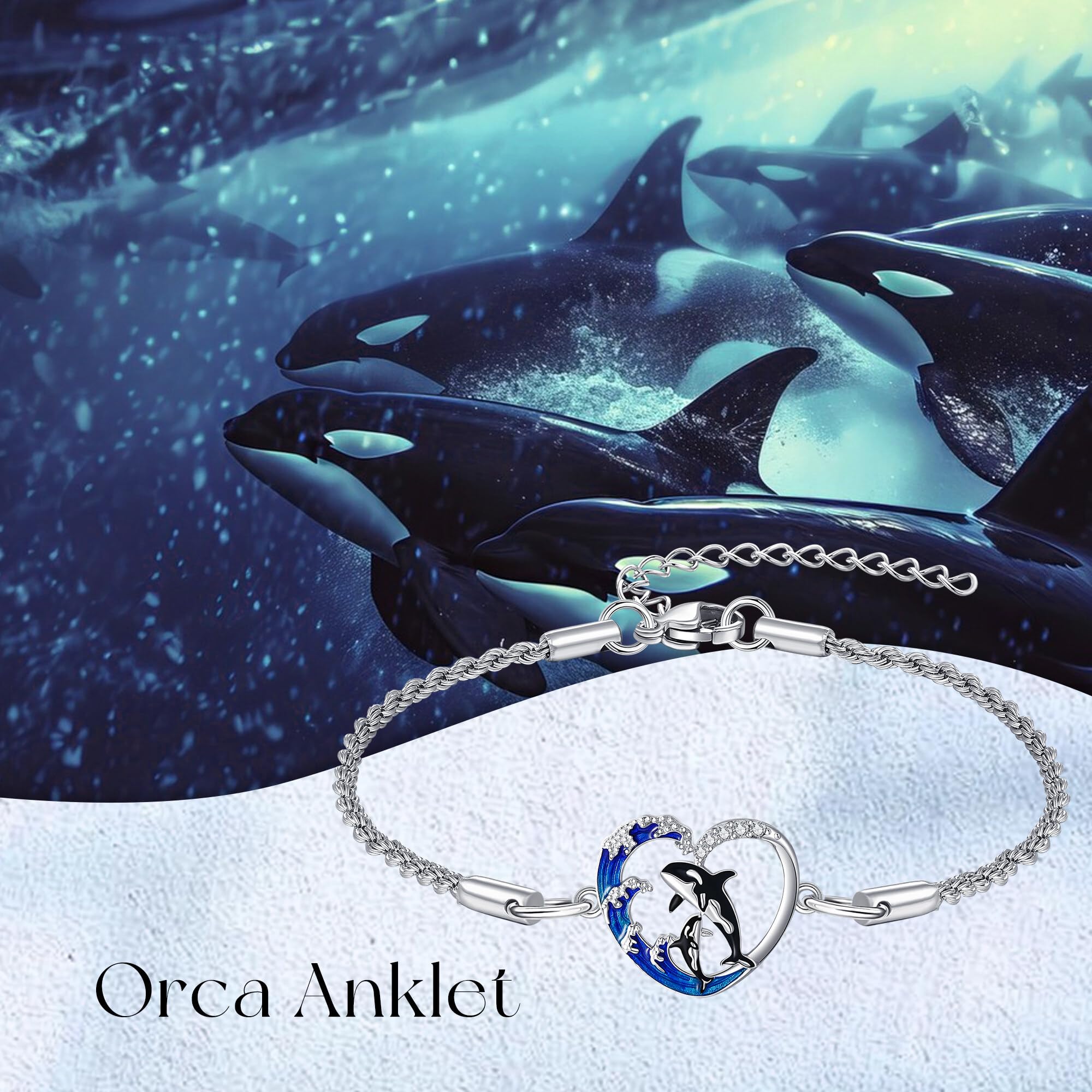 DAYLINLOVE Orca Tobillera de plata de ley 925, orca, orca, forma de corazón, tobillera, madre, hija, mar, océano, animal, regalo de joyería para mujer, mamá, abuela, Plata de ley, Sin gemas