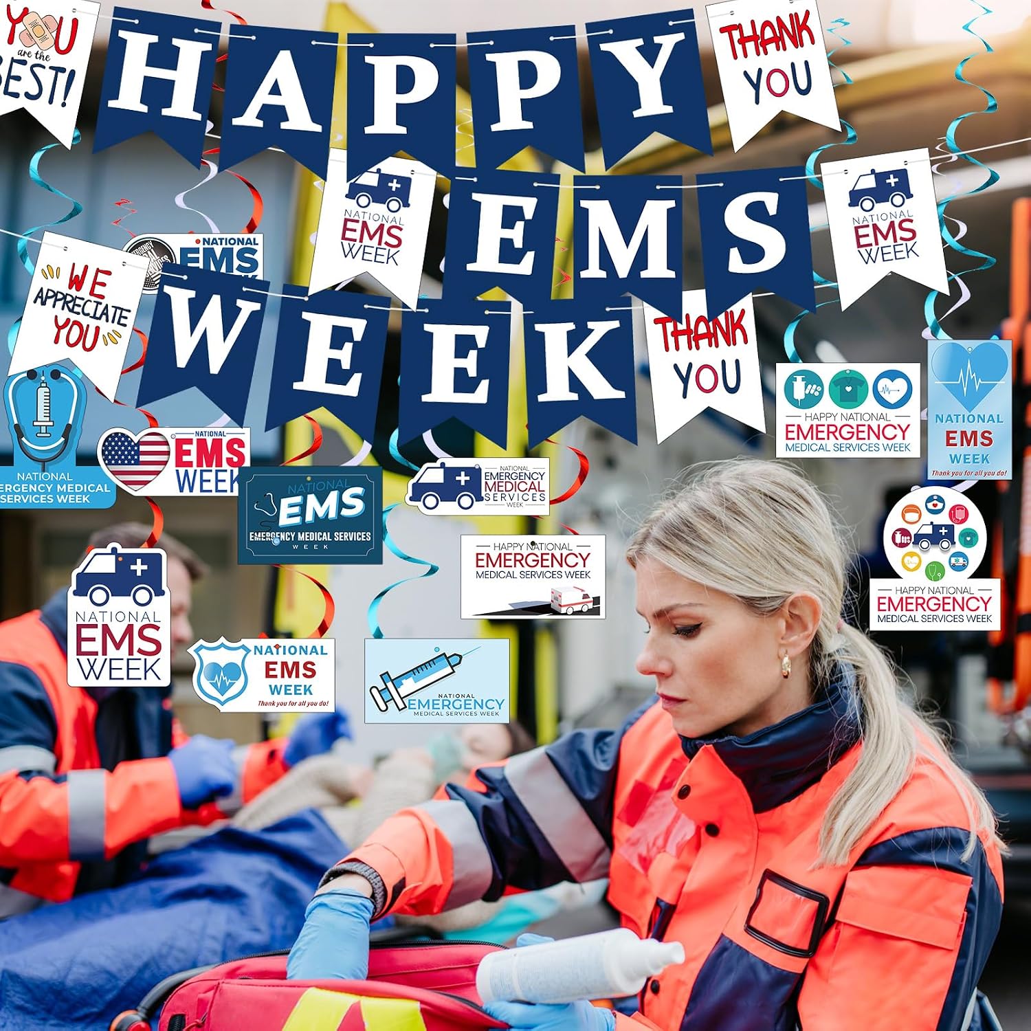 Breling 42 Pcs Emergency Medical Services Week Including Banner Hanging Swirls Wall Decor Holiday Celebrating Events for Emergency Medical Services Festival Supplies