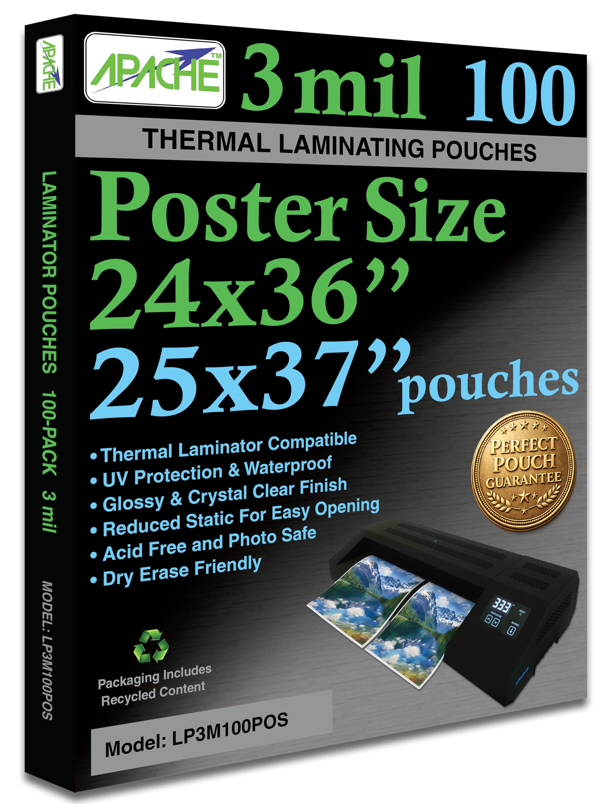 Apache Poster Size Laminating Pouches, 3 Mil, 100 Pack, Holds 24 x 36 Inch Projects (25 x 37 Inch Pouch Size), Thermal Laminator Compatible Laminating Sheets, Super Clear, Round Corners
