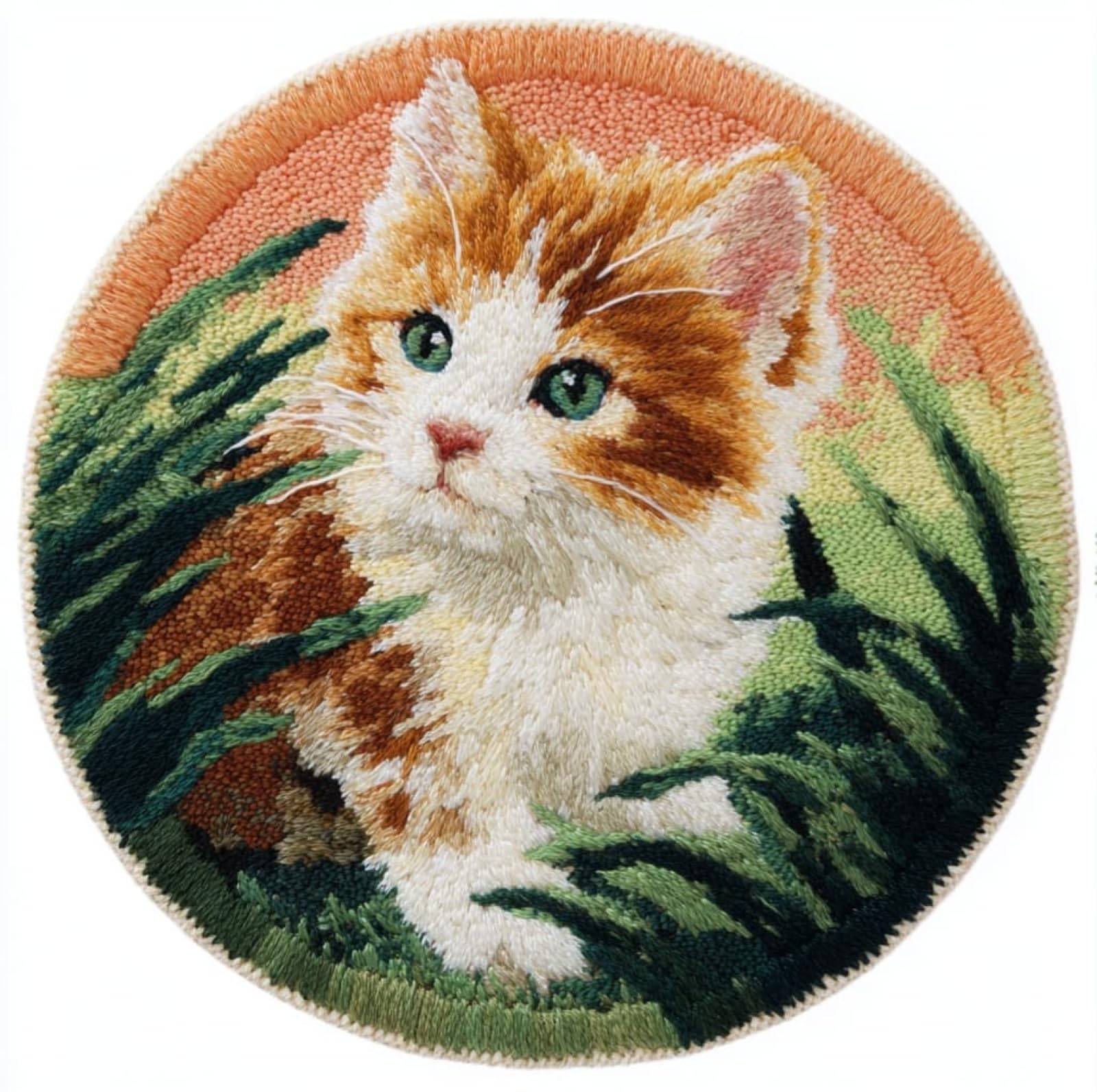 WallustrioaW Latch Hook Rug Kits for Adults,cat in the Grass,Crochet Kits for Beginners,DIY Cross Stitch Cushion Craft with Yarn and Crochet Hook,50x50cm