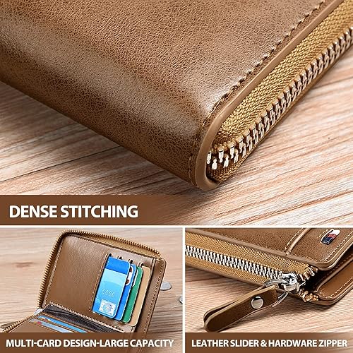 Vista 3 de Tendaisy Cartera con cierre RFID para hombre con múltiples tarjetas de crédito, Caqui, cartera Rfid