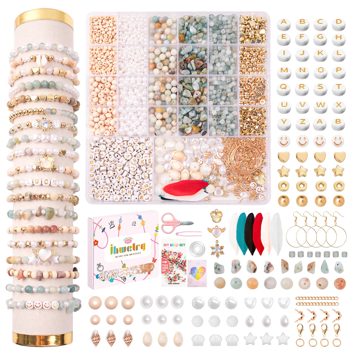 JHWELRG Natürliche Amazonit Edelsteinperlen,Perlen für Armbänder Natursteinperlen zum Auffädeln Kit mit Federn Anhänger für Bracelet Making Kit,Geschenke für Kinder Erwachsene Partys,Weihnachten