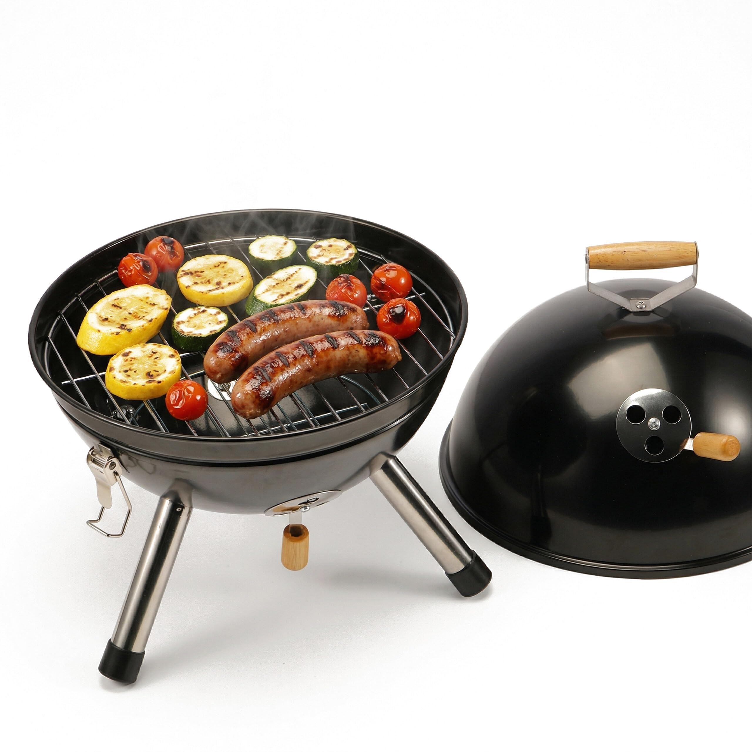 Relaxdays Mini Kugelgrill, tragbar, Ø 30 cm, Picknickgrill für Balkon & Camping, Holzkohlegrill mit Holzgriff, schwarz