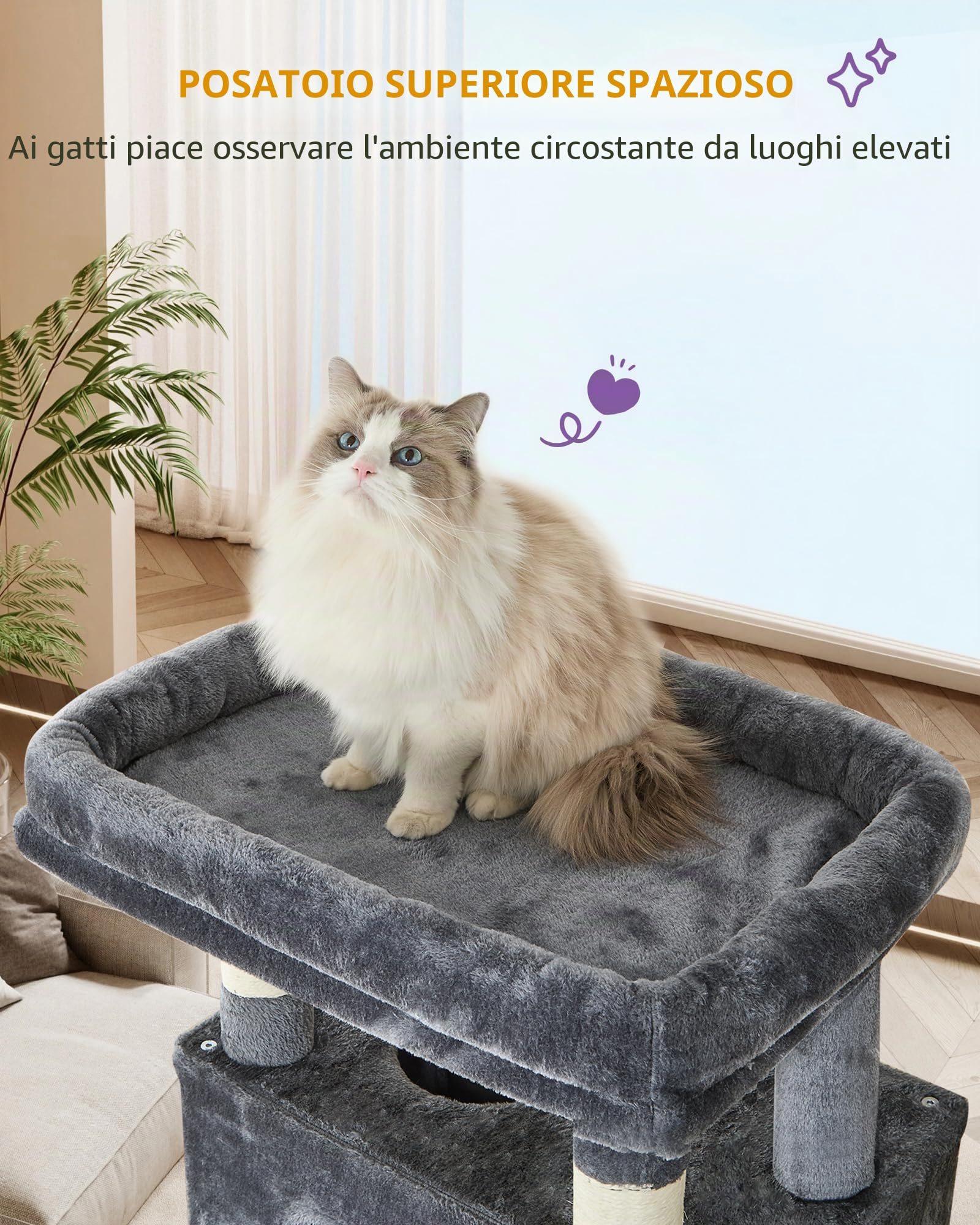 Hzuaneri Albero per Gatti, tiragraffi per gatti adulti 210 cm, xxl, giochi per gatti, Lavabile, trespolo per gattis con 2 Grotte, 8 Tiragraffi, Cestini, Amaca, Pompon, Grigio Scuro MS21018SG