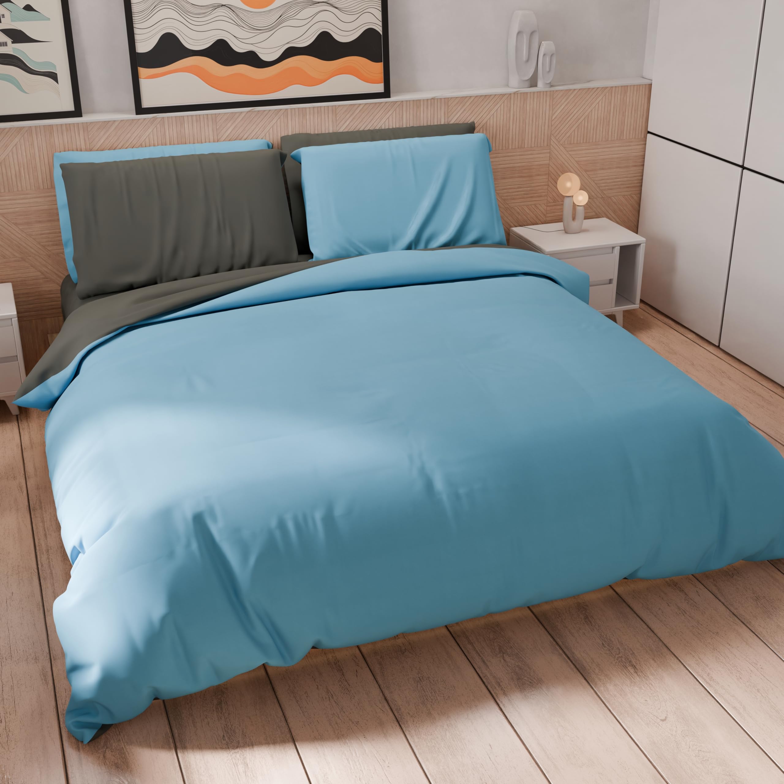 PETTI Artigiani Italiani - Double Duvet Cover Set 230 x 220 cm (2 Pillowcases 75 x 50 cm Included), Soft Microfibre Duvet Cover Set, Plain Blue - Dark Grey — image 1