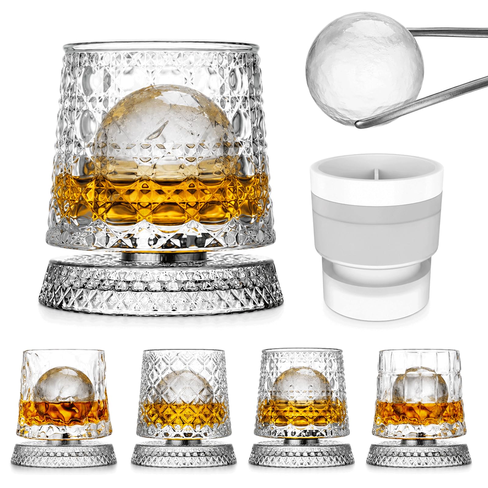 Rotating Whiskey Glass Set, 1Pc 360 Degree Spinning Whiskey Glass with 1Pc Ice Ball Mold, Crystal Clear Bourbon Scotch Glassware for Bar Party Home and Gift (A-BaoGe)