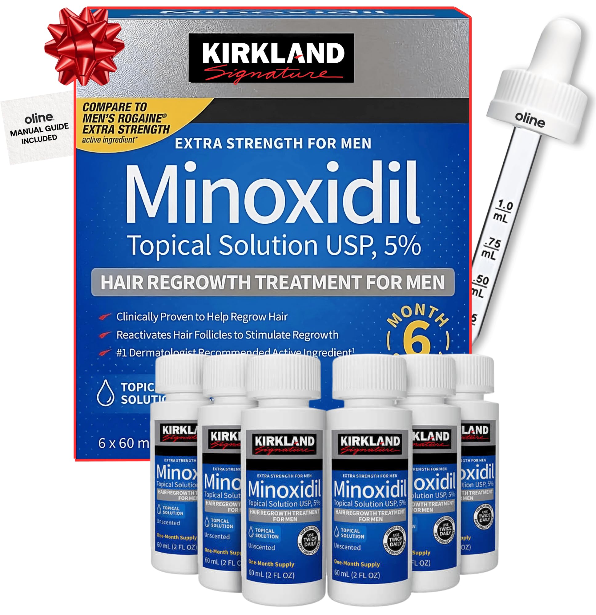Kirkland Signature Minoxidil 5% Topical Solution for Men - 6 Month Supply (6 x 2 Fl Oz), Hair Regrowth Treatment with Dropper