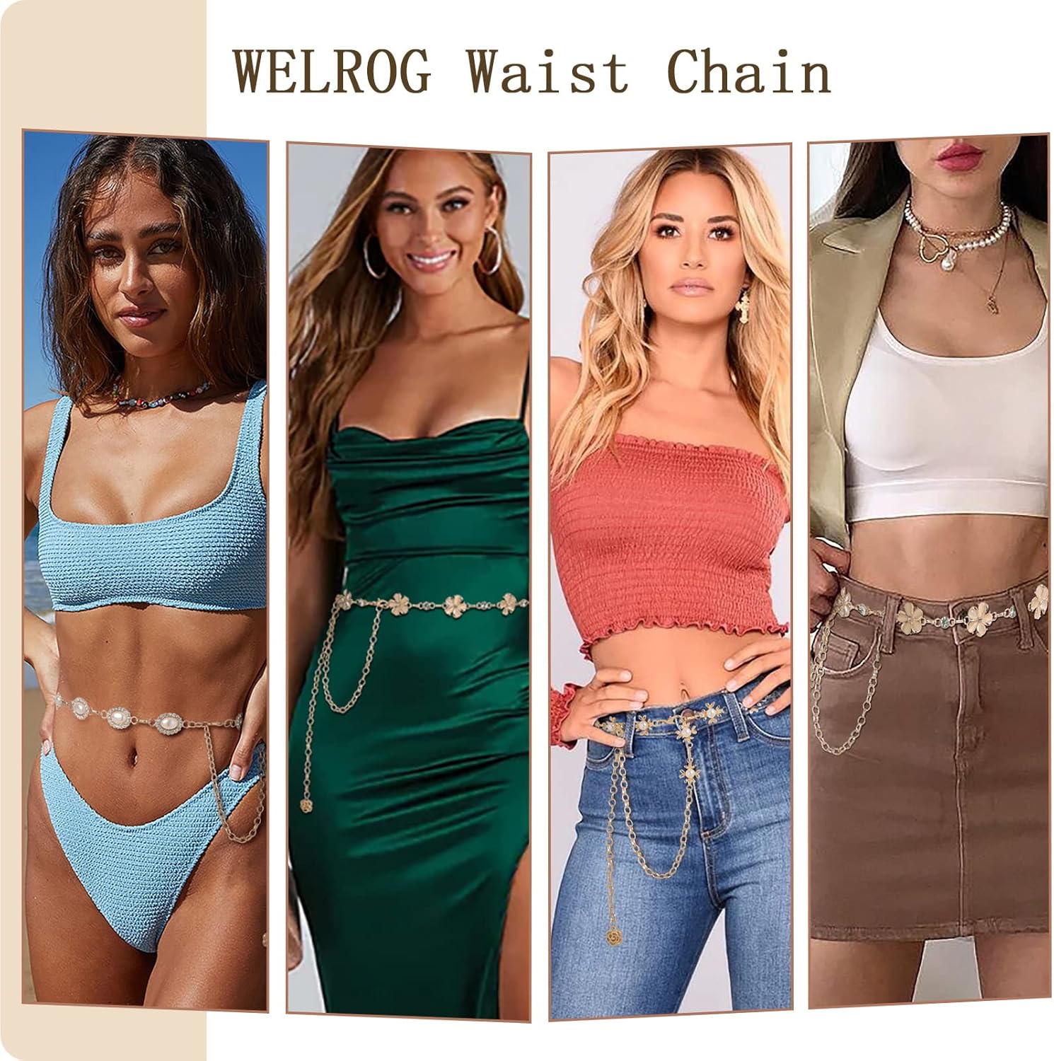 WELROG Metal Waist Chain Belt for Women - Pearls Gold Silver Chain Belts for Dresses Jeans - Image 5