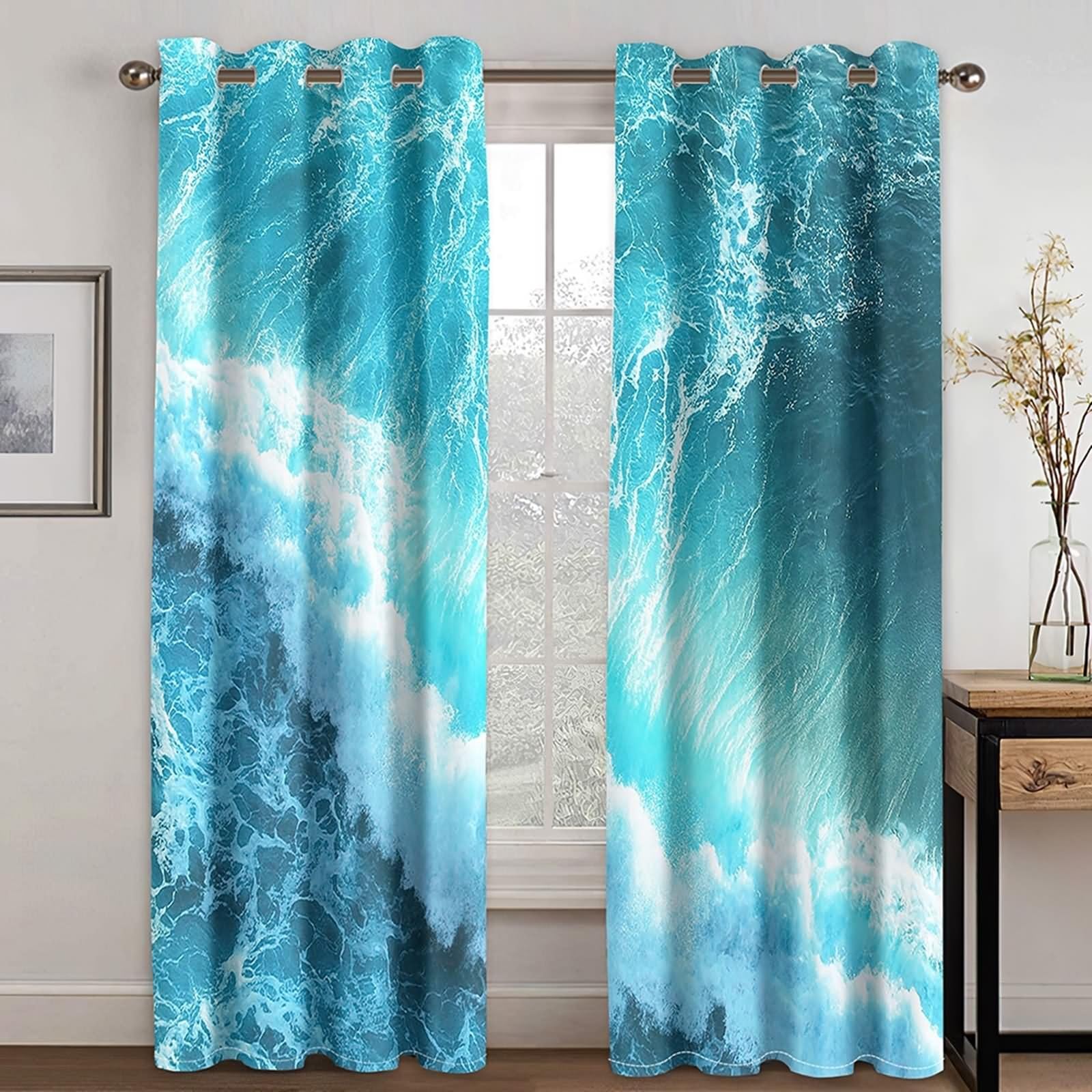 Czeska Kurtyna, Morska niebieska zasłona w stylu boho Ocean Wave 2 panele 428x244cm