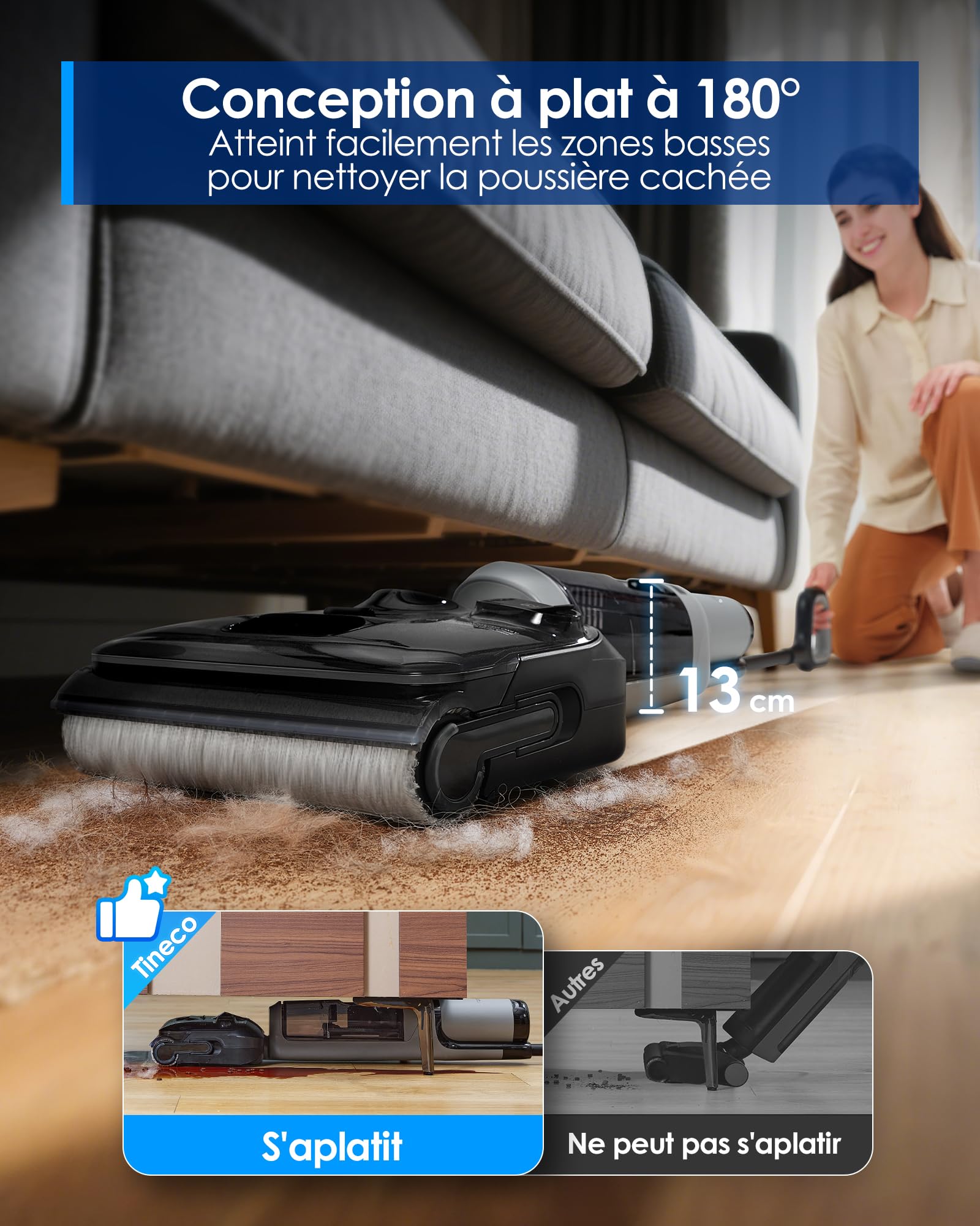 Tineco Floor One i5 Stretch Aspirateur Laveur sans Fil, 20 kPa, portée à Plat 180°, Nettoyage Deux Bords, 30 Min d'autonomie, Auto-Nettoyage, Parfait pour Les Saletés Collantes et Les Poils d'animaux