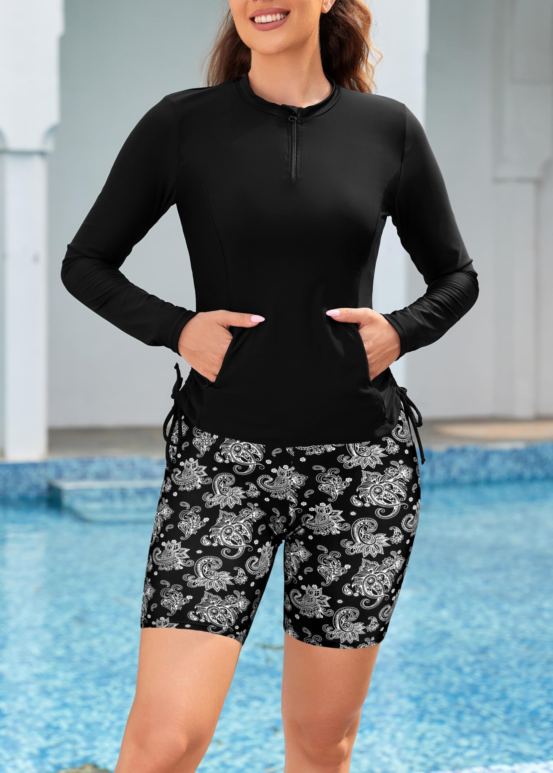 SHEKINI Costume da bagno da donna 3 pezzi Rash Guard Set reggiseno integrato canotta manica lunga zip up camicia pantaloncini costumi da bagno fondo