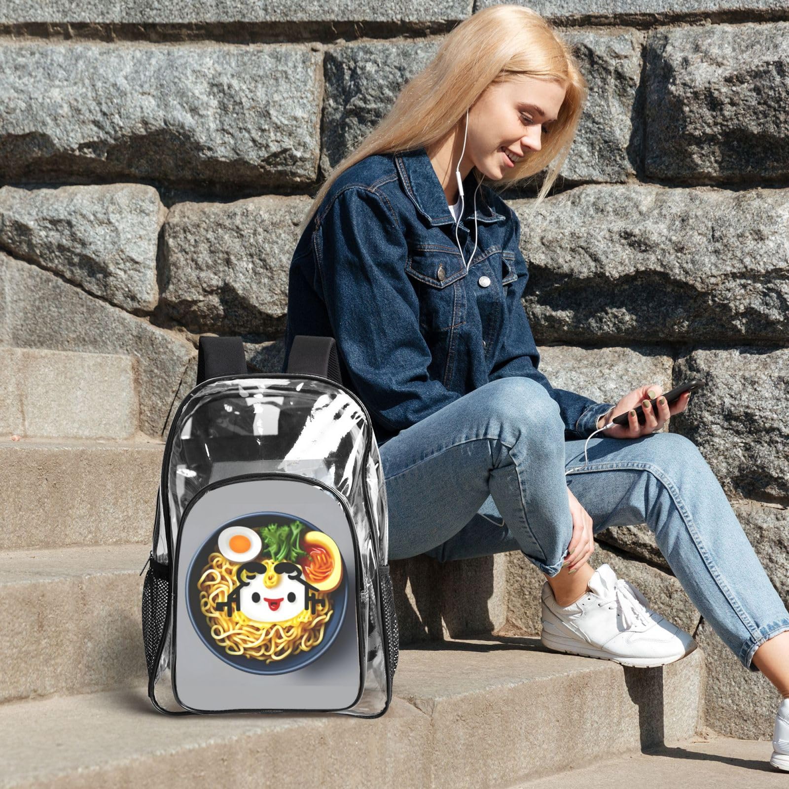 Eierbecher, Nudeln, Ramen-Druck, für Damen, Herren, Kinder, transparentes Rucksack-Set, Schule, Reisen, transparent, 3-teiliges Lunchpaket