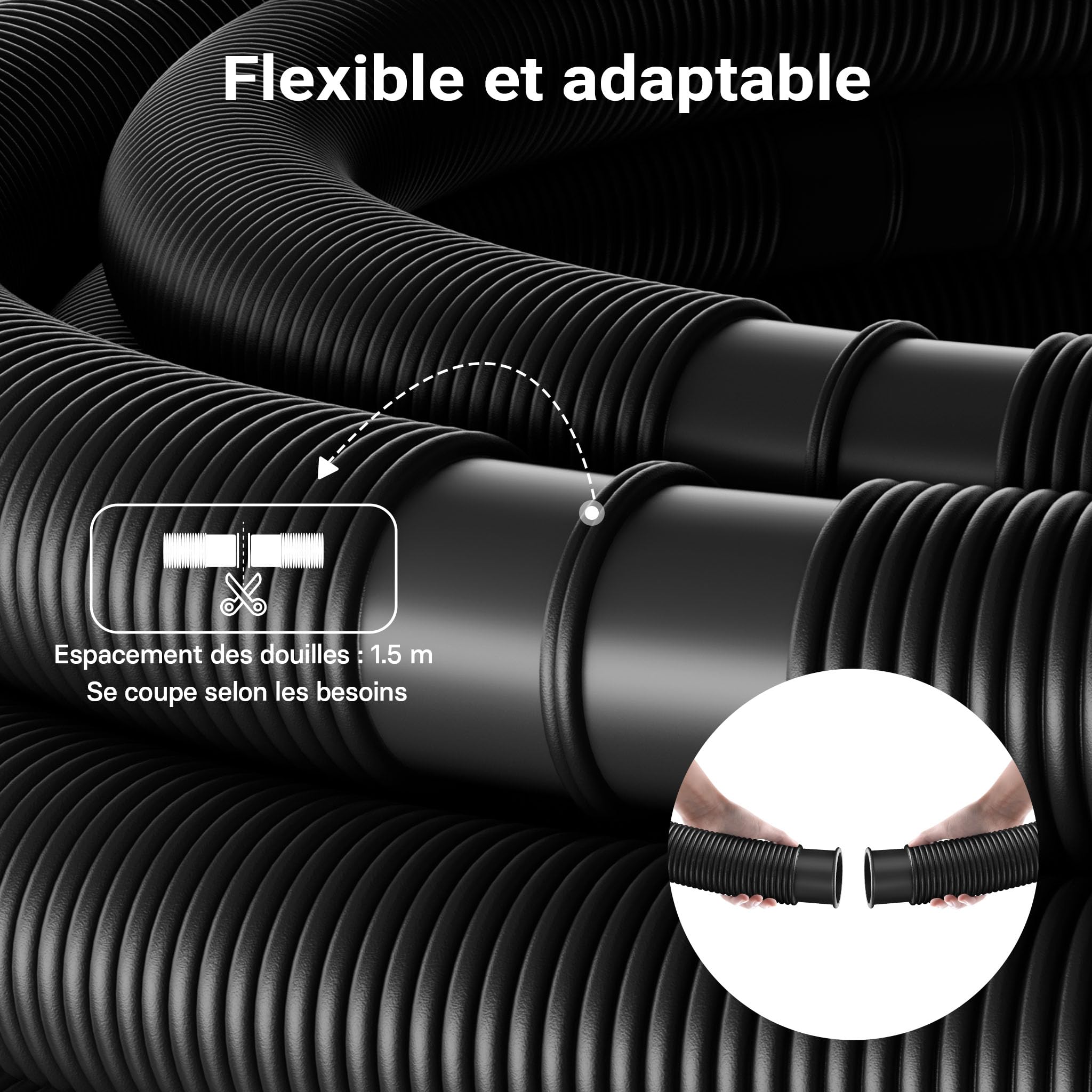 Wiltec Tuyau piscine noir – 15 m de long, Ø 32 mm – Tuyau solaire flottant à sections préformées – 165 g/m – made in Europe – Boyau d’aspiration solaire