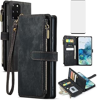 Asuwish Phone Case for Samsung Galaxy S20 Plus Glaxay S20+ 5G Wallet Cover and Tempered Glass Screen Protector Flip Card Holder Cell Accessories Gaxaly S20+5G S20plus 20S + S 20 20+ G5 Women Men Black