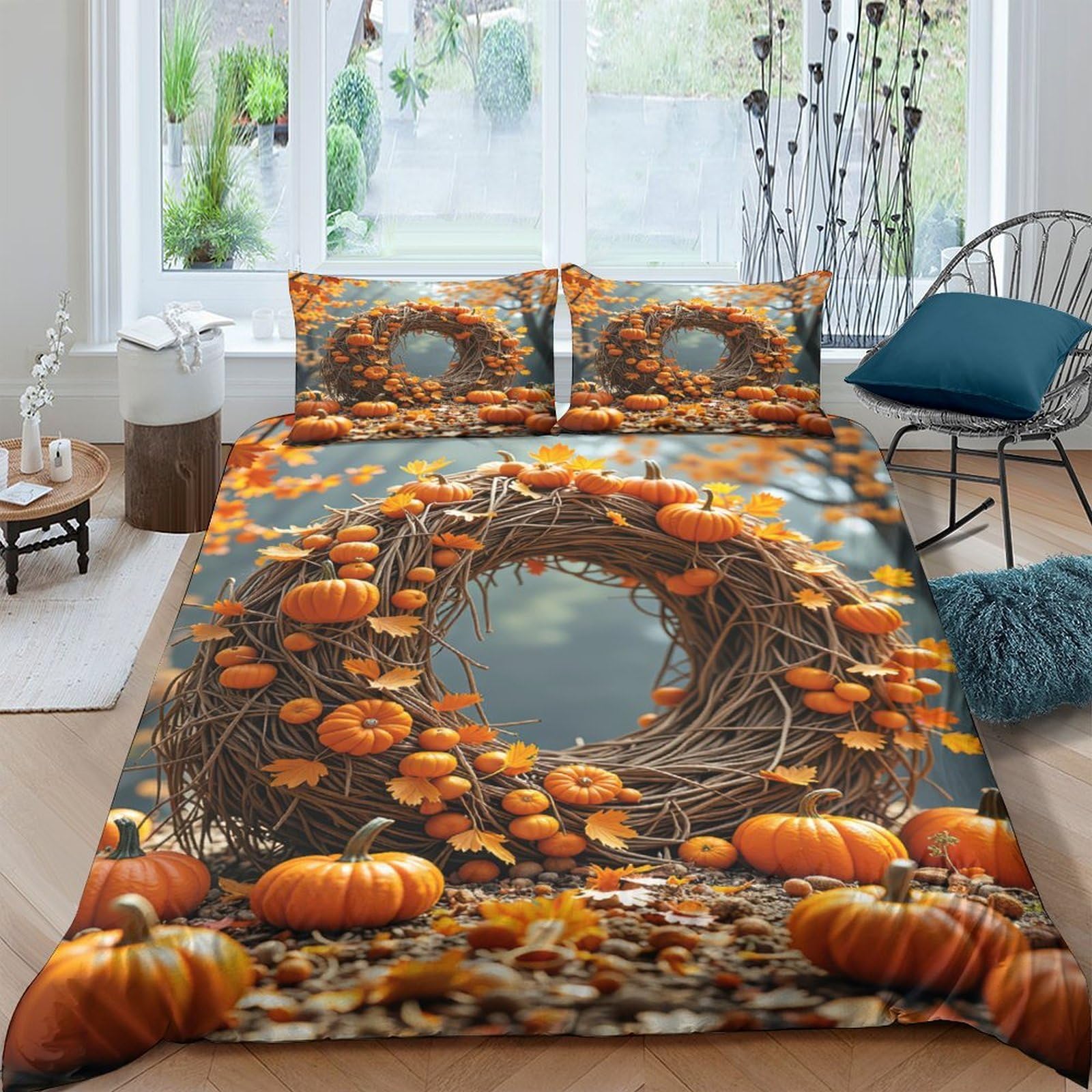 Ctjqhvkz Style-2 3D Printed Autumn Pumpkin Fitted Sheet Microfiber Soft Anti-Slip Harvest Wreath Bed Cover For Bedroom Dorm Mattress Decor Single（135X200cm）
