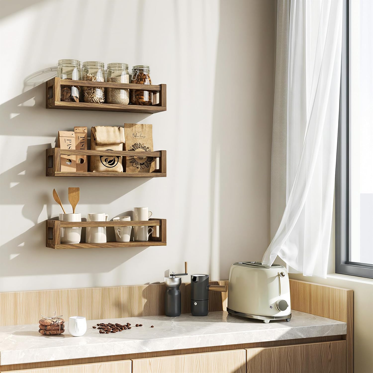 Upgraded Thick Floating Shelves, Solid Wood Bookshelf for Wall, Floating Book Shelves Use as Wall Shelves for Bedroom, Kids Room, Nursery, Books, Spice Rack & Decor – Dark Walnut Brown