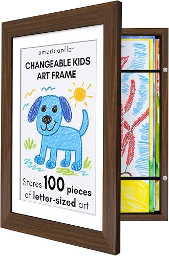 Americanflat Kids Artwork Frame Changeable (Walnut) - Magnetic Door Holds 100 Art Pieces - 8.5x11 Letter Size Display with Mat or 10x12.5 Without Mat - My Mini Masterpiece
