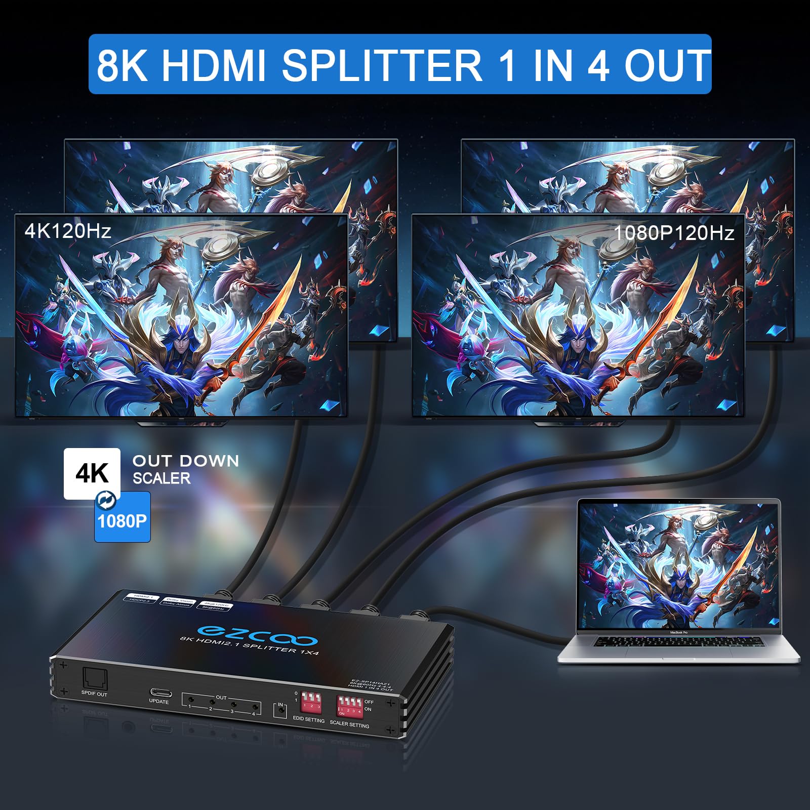 4K 120Hz HDMI 2.1 Splitter 1X4 Audio Extractor VRR ALLM HDCP2.3 HDR10+ SPDIF OpticalAudio EDID Scaler 4K 1080P HDMI Splitter 8K 1 IN 4 OUT Dual Monitor per PS5 Xbox NVIDIA AMD
