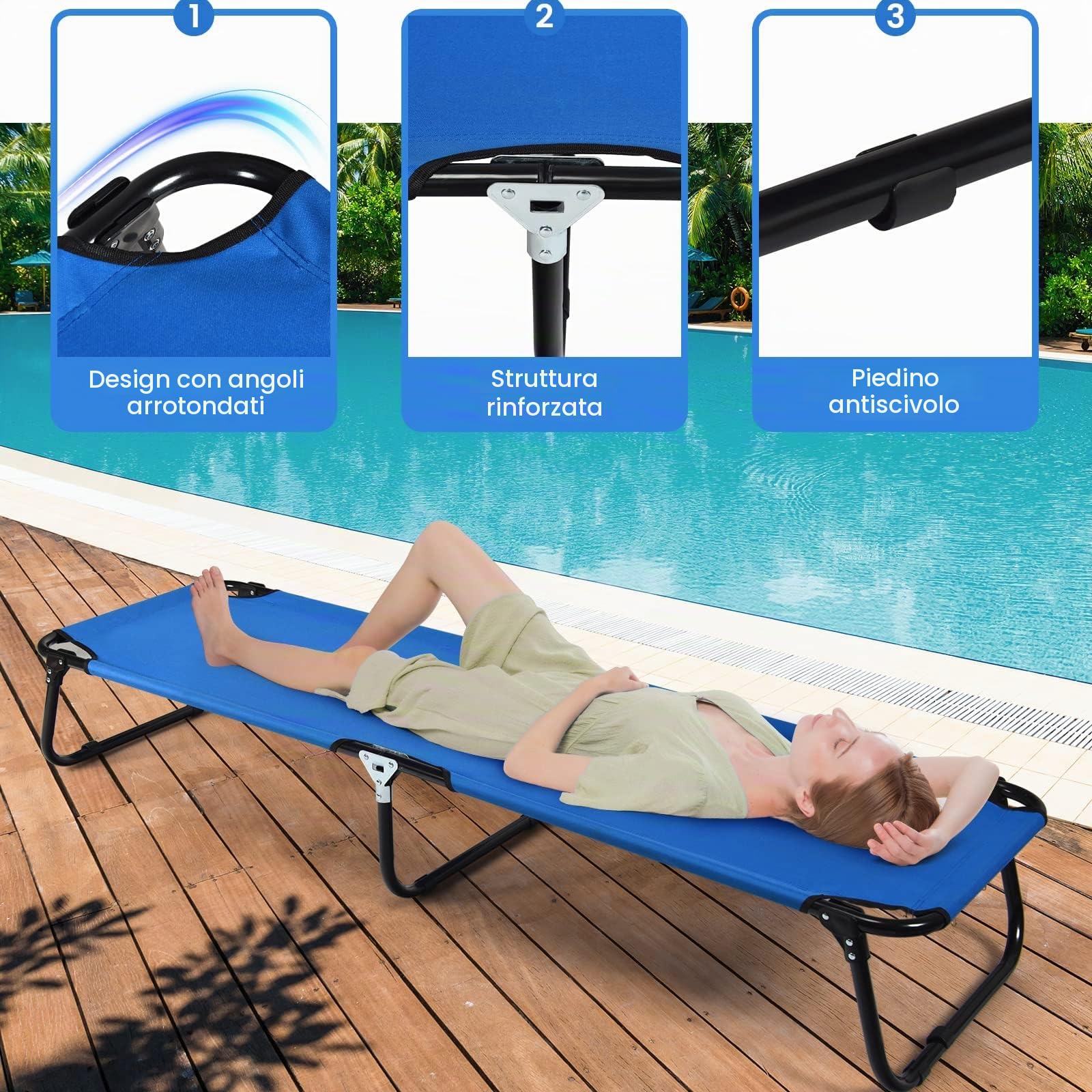 LIFEZEAL Brandina da Campeggio, Lettino Prendisole, Letto a Sdraio, Pieghevole e Portatile, Telaio in Metallo, per Giardino, Piscina, Mare, Spiaggia, Esterno, Montato, Max 100 kg, 191x56x31 cm, Blu