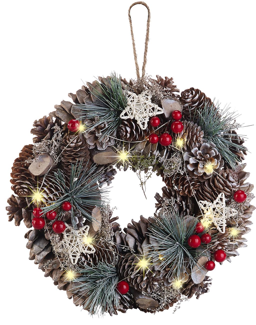 Couronne De Noël Lumineuse 30 Cm Avec 30 LED - Décorée Pommes De Pin, Boules, Baies, Pour Porte, Mur, Cheminée