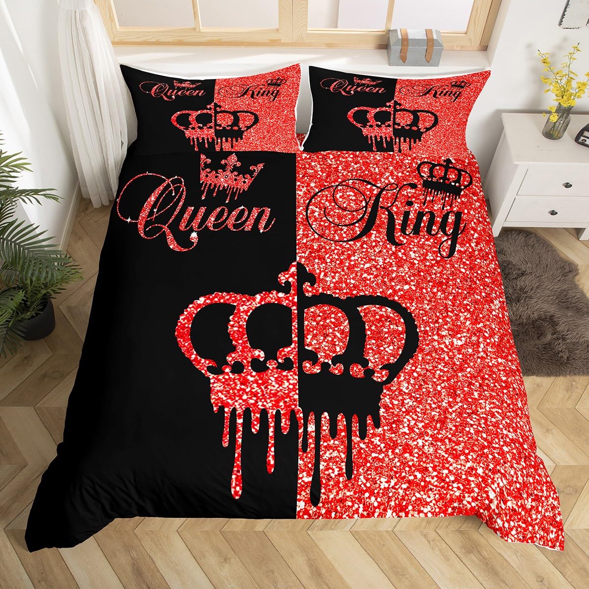 Housse de couette couronne noire et rouge avec taies d'oreiller pour ado