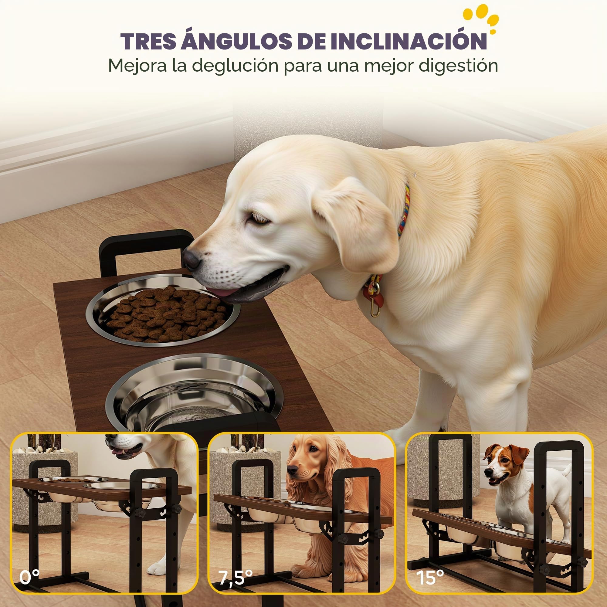 PawHut Comedero para perros elevado, 4 comederos de altura ajustable con soporte, 2 cuencos de acero inoxidable de 1,2 l, comedero con 3 ángulos ajustables, para perros pequeños, medianos y grandes