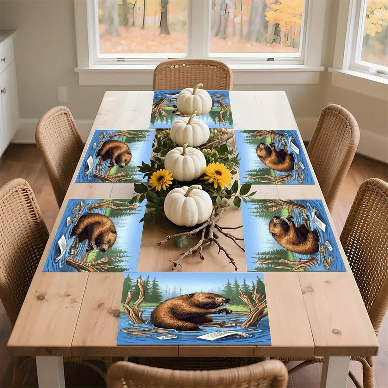 Busy Beaver Cartoon Placemats Non-Slip Heat Resistant Table Mats Flax Washable Cloth Place Mats Easy to Clean Premium Placemat for Kitchen Dining Table Decor Party Outdoor