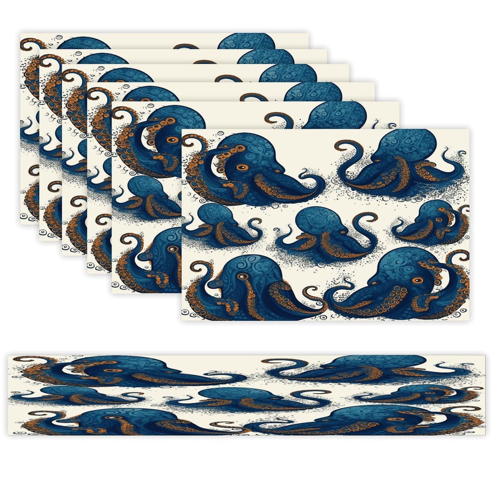 Tentacles Octopus Table Runner and Placemats of 6 Washable Heat Resistant Place Mats with Table Runner Vintage Holiday Table Mat Set for Holiday Party Kitchen Dining Deco