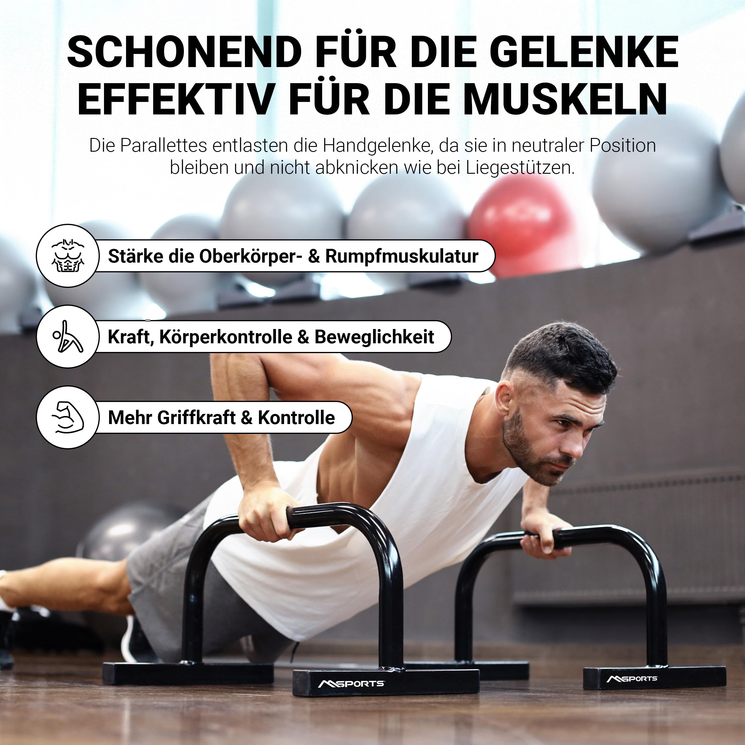 MSPORTS - Parallettes de fitness professionnels - L x l x H :60 x 35 x 29 cm - Composés de barres ou poignées de poussée - Petite taille -