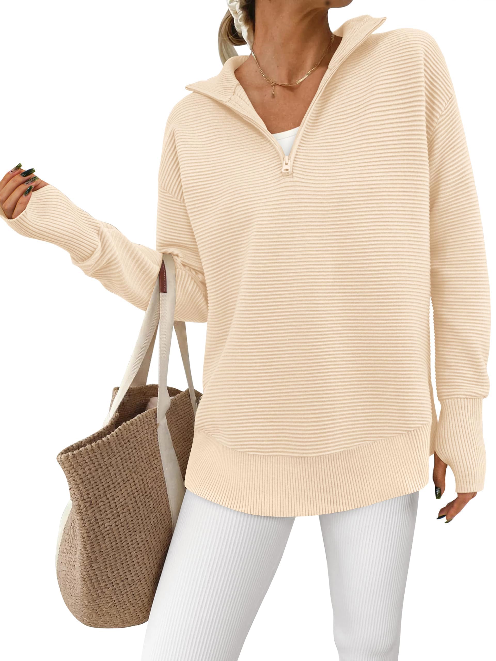 PRETTYGARDEN Womens Long Sleeve Quarter Zip Pullover Sweater Casual Loose V Neck Collared Ribbed Knit Jumper Tops Thumb Hole, Apricot, Small