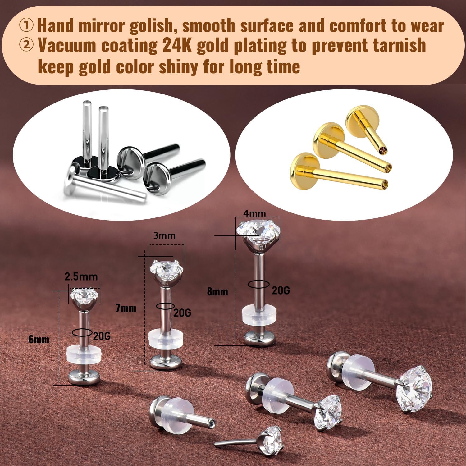 20G Flat Back Earrings Studs 18G Nose Rings 24K Gold Plating 3 Pairs Titanium Threadless 16G Cartilage Earrings for Women Men Tragus Conch Helix Medusa Lip Piercing Jewelry - Image 4