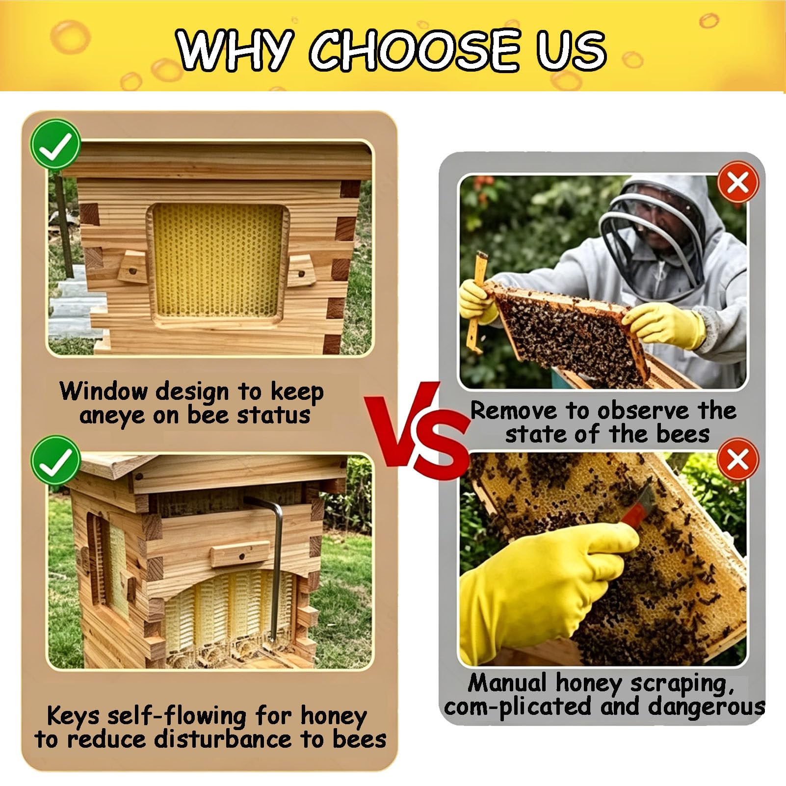 Kit per Apicoltura Flow Hive, arnia in Legno Completa con telaini a Flusso Automatico di Miele, Non è Necessario l'affumicatore per l'apicoltura Domestica