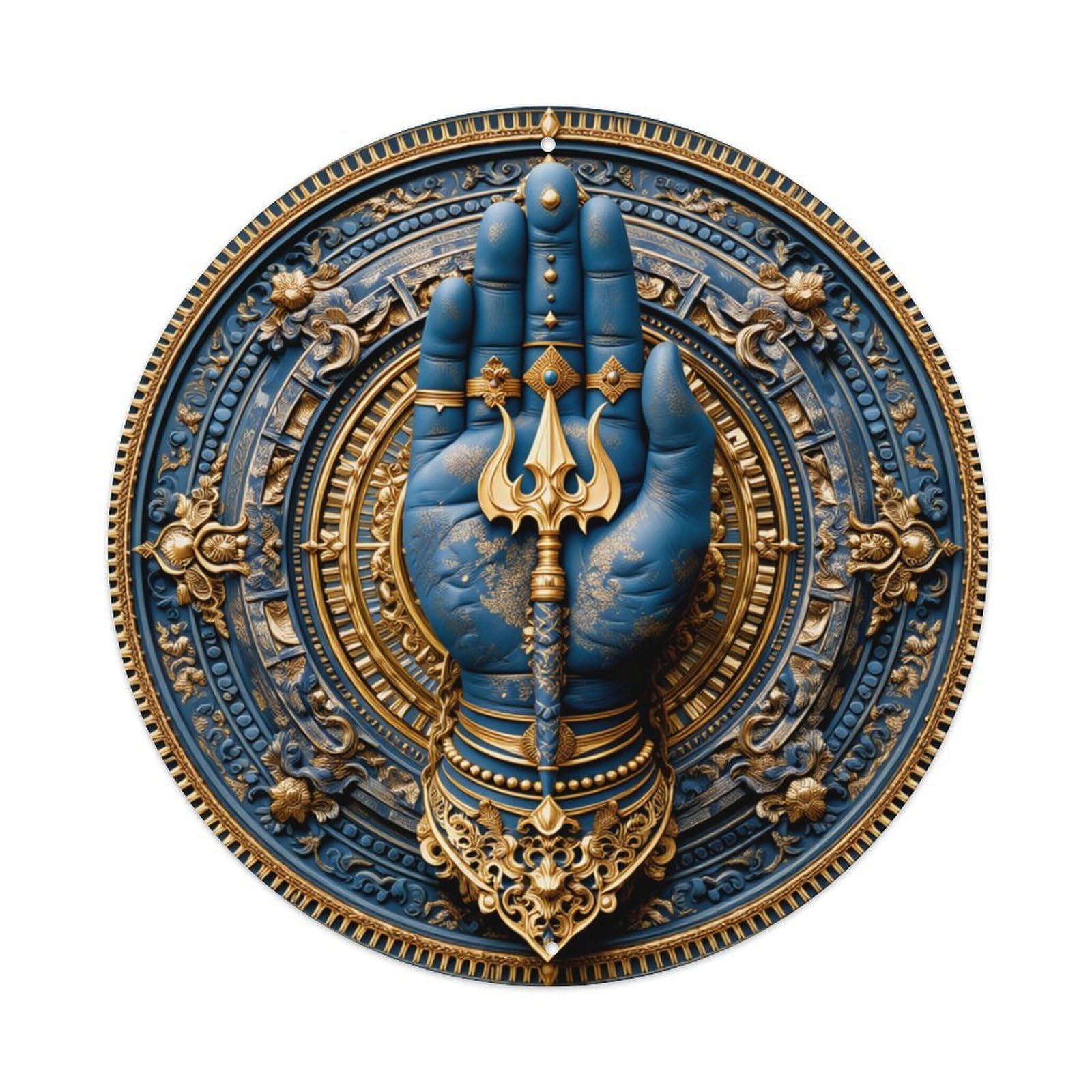 Blue Hand Golden Ornament Circular Pattern Round Tin Sign Retro Metal Sign for Cafe Bar Pub Home Game Room Gym Club Wall Decoration Vintage Metal Poster 8x8 Inch