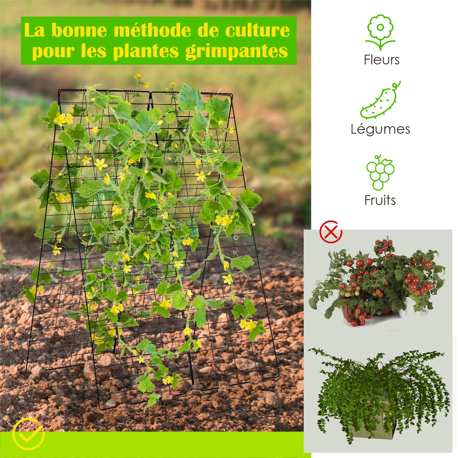 GOPLUS 2 Pcs Treillis de concombres,Filet de Jardin pour Plantes Grimpantes, Légumes et Fleurs, Support de Plante Stable en Forme d’A avec Accessoires, Filet de Treillis 122cm (L) x 86 cm