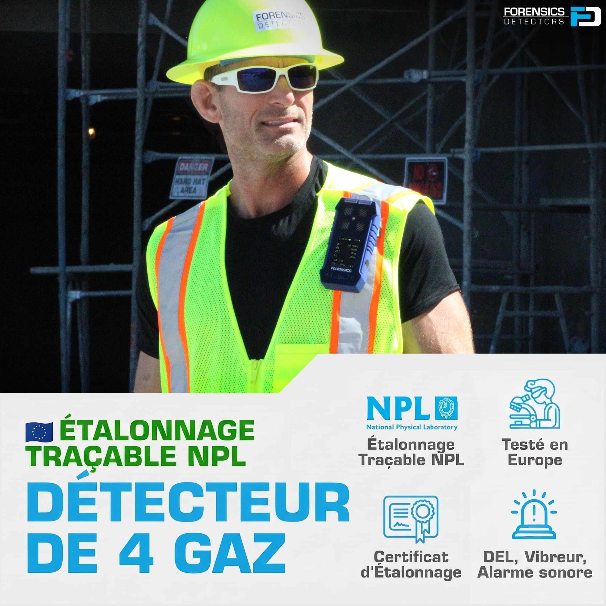 Détecteur 4 Gaz | O2, CO, H2S, LEL | Certificat d'Étalonnage UE | Écran Couleur | Batterie Rechargeable |