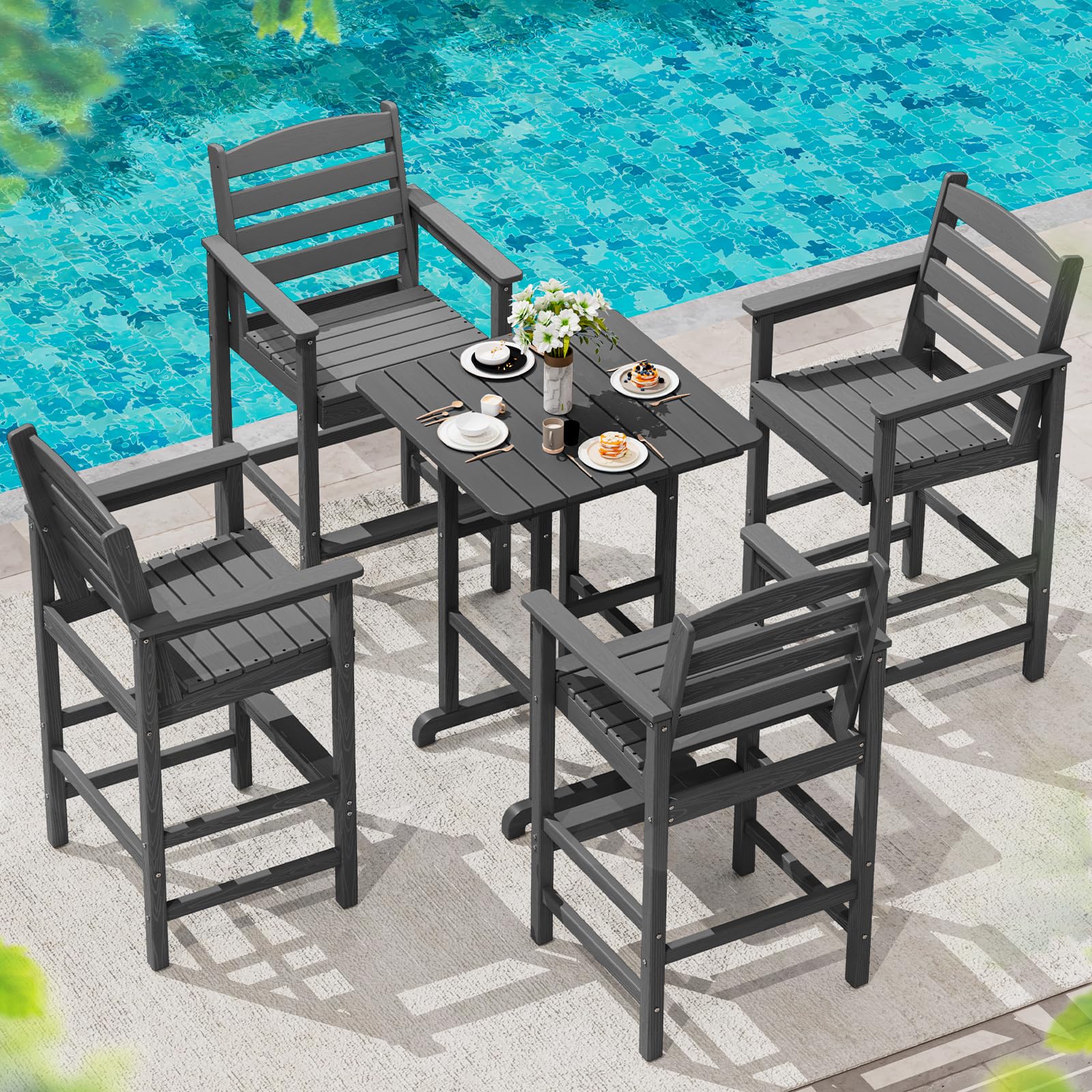 SERWALL 5 Pieces Outdoor Patio Bar Set, Oversize Tall Adirondack Bar Chair and Table Set, Gray