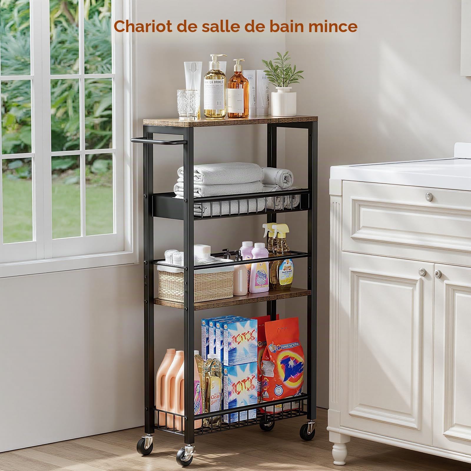 Chariot de Rangement Étroit à roulettes, Petit Chariot à 4 Niveaux avec Poignée, Profondeur 7,1 Pouces, Hauteur Réglable, Étagère Mobile pour Cuisine, Salle de Bain, Buanderie, Noir + Marron