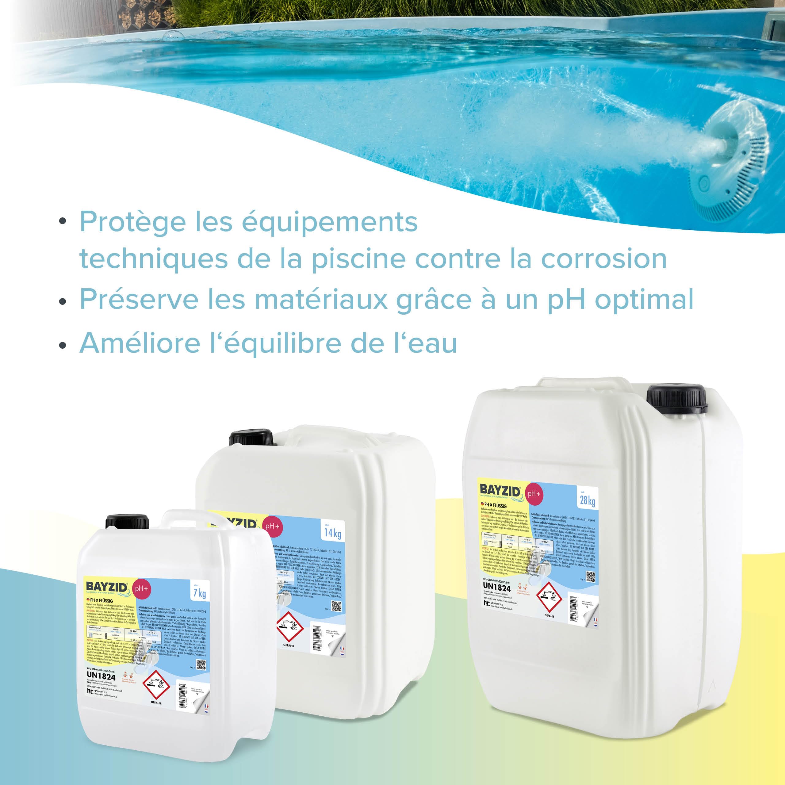 BAYZID® pH Plus Liquide - Augmenteur de pH pour Piscine - Bidon de 2 x 7 kg (14 kg) - Compatible Tous Traitements - Qualité Pure et Stable