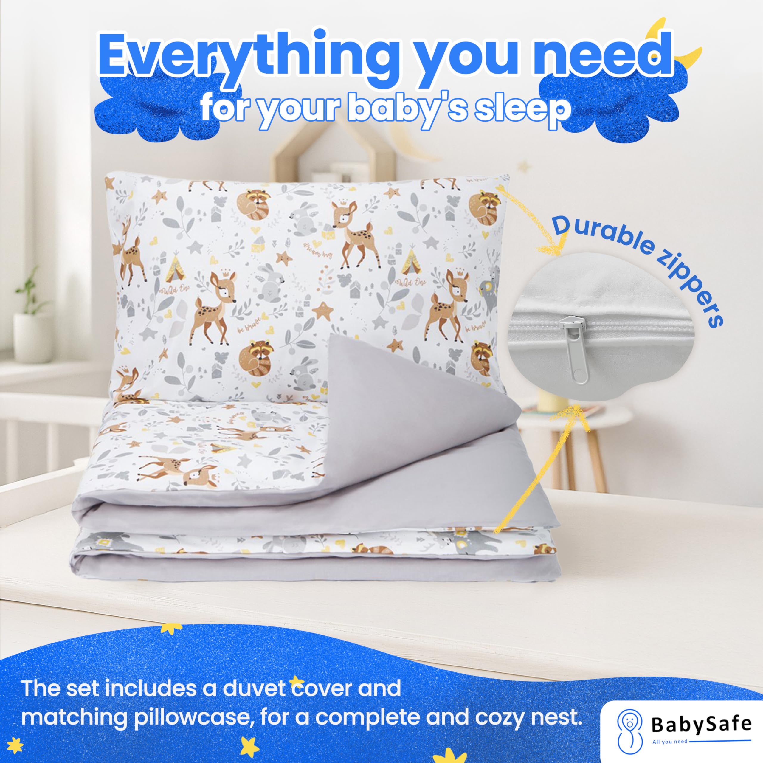 BABYSAFE Housse de Couette pour lit Bébé 120 x 90 cm, 100% Coton Biologique, draps certifiés Oeko-TEX, lit Simple, Parure de lit Enfant, Forêt