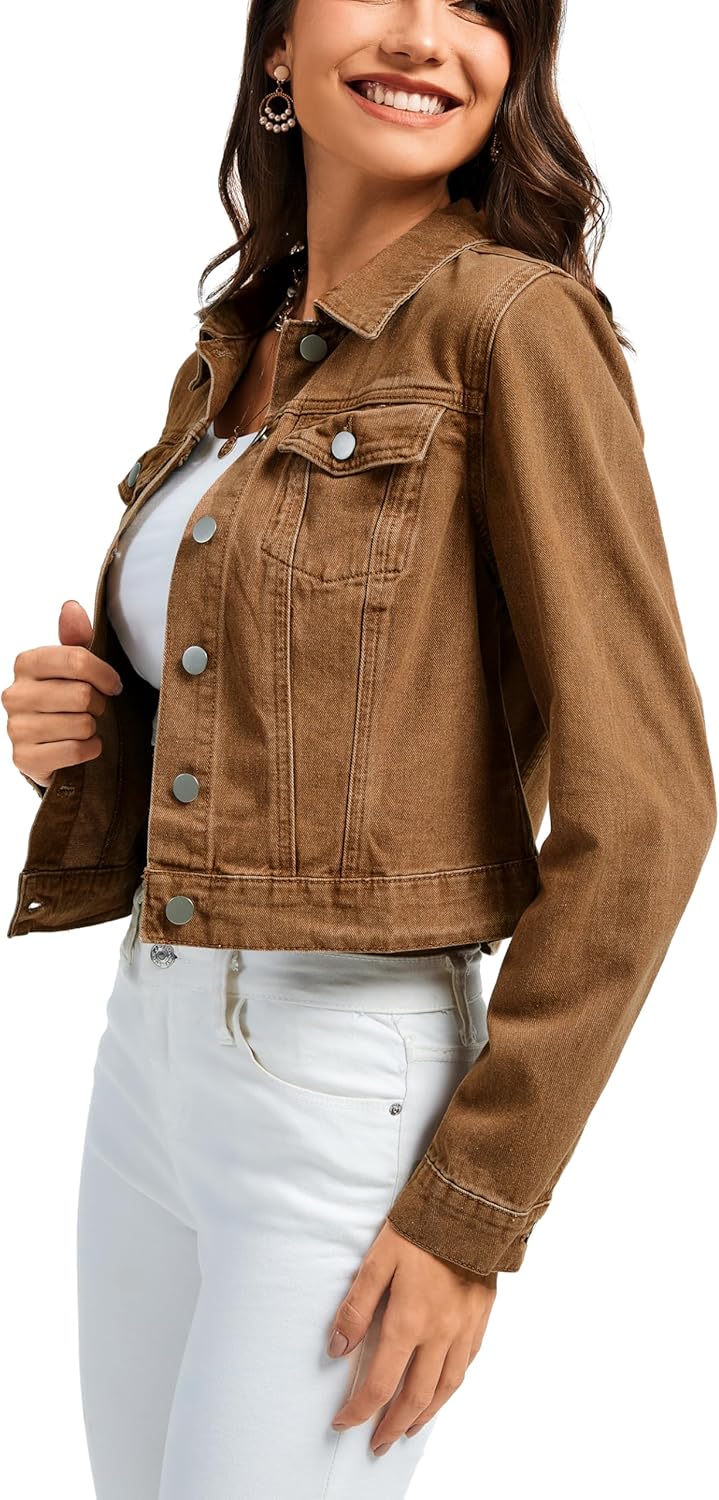 andy & natalie Women’s Denim Jackets Cropped Long Sleeve Basic Button Down Crop Jean Shacket with Pockets