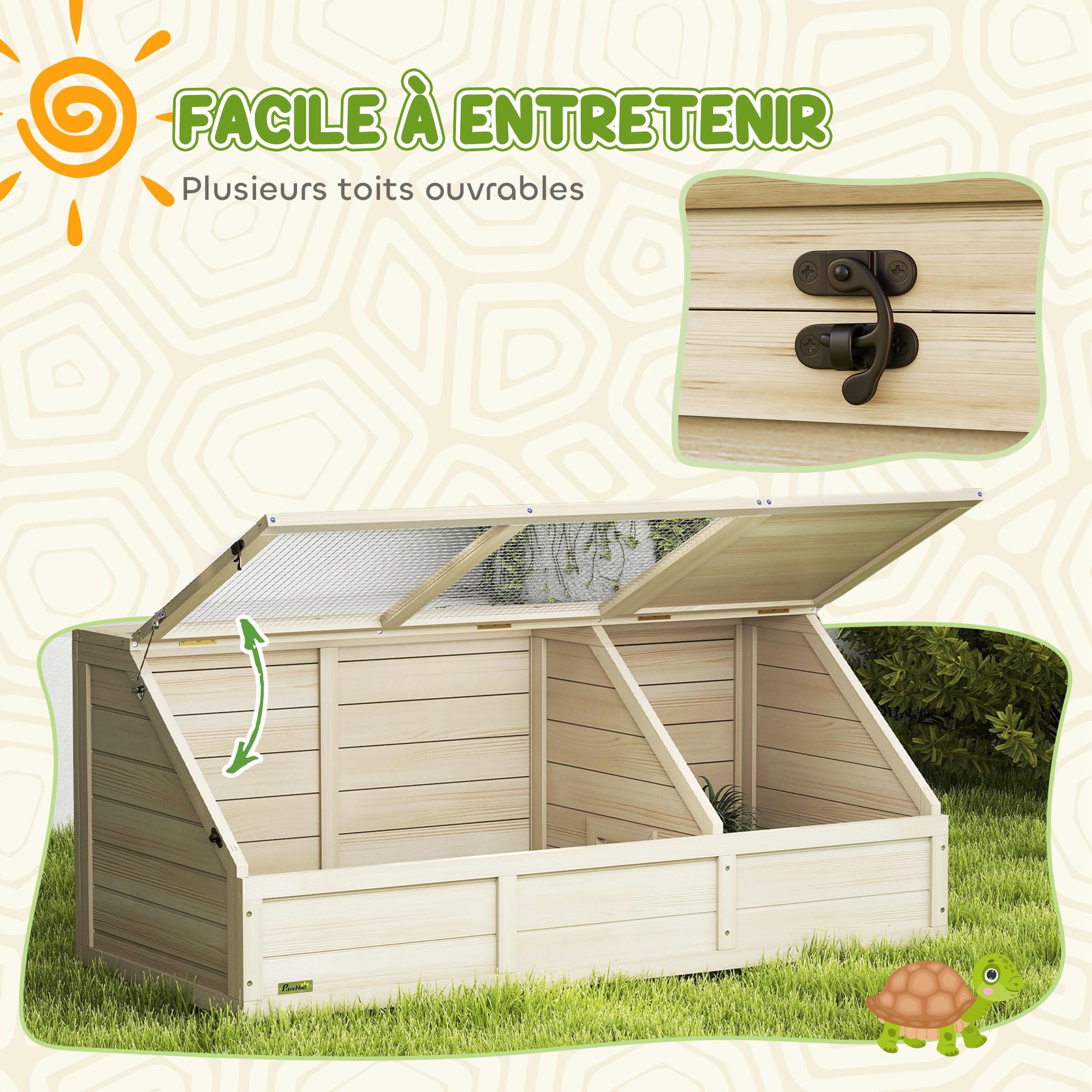 PawHut - Casa de Madera para Tortugas, recinto Exterior para Animales pequeños con Tapa abrable, pestillos y 2 Espacios Separados, sin Fondo, 120 x 55 x 50 cm, Madera Natural