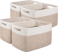 OIAHOMY 4-Pack Woven Cotton Rope Storage Baskets with Handles - 13x9x7.8" Shelf Organizers for Toys, Towels, Books - Brown & White
