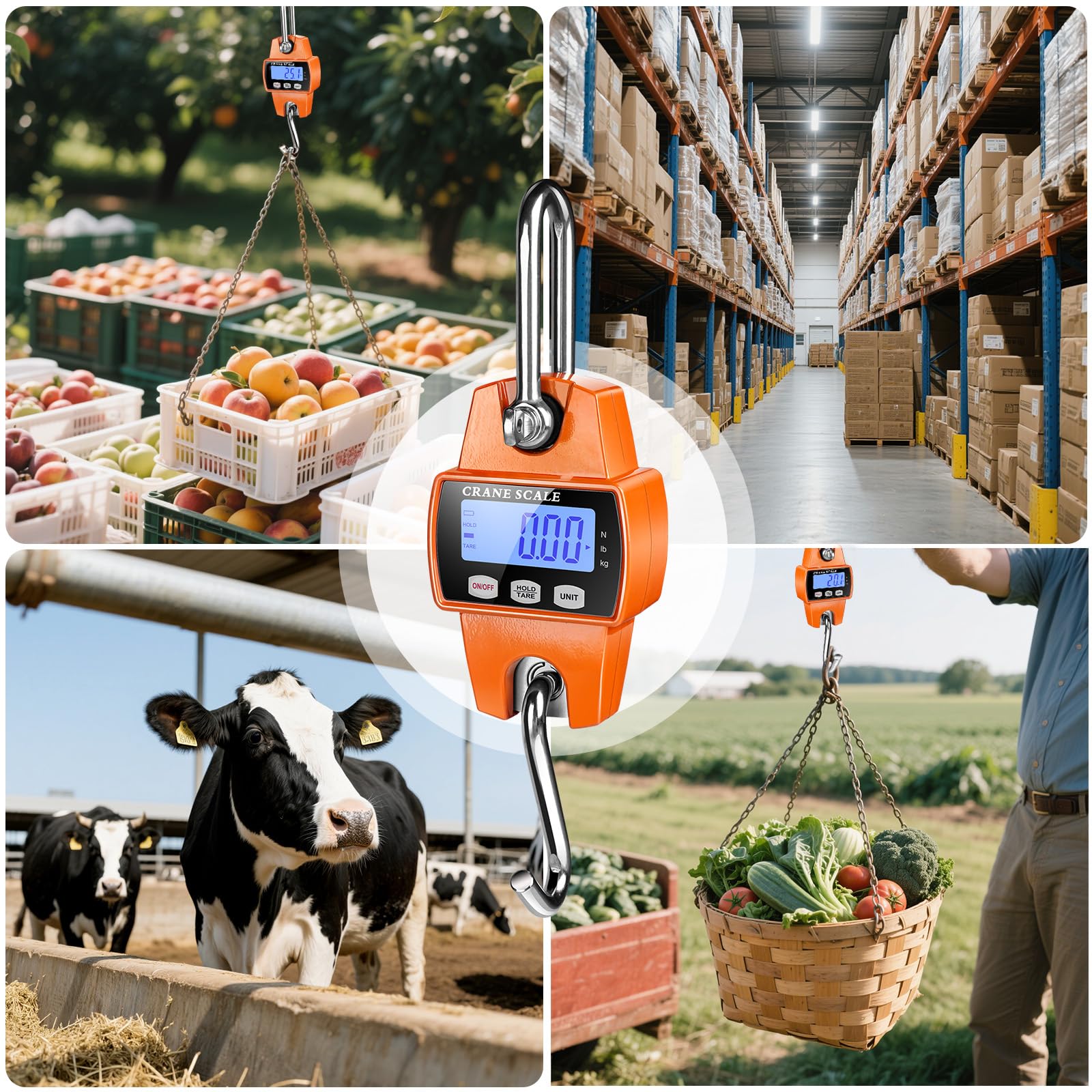 RoMech Cyfrowa waga wisząca 660 lb z haczykami, ręczna waga do żurawia 300 kg do gospodarstwa, polowania, wędkowania, na zewnątrz (aluminium świąteczne, pomarańczowy)